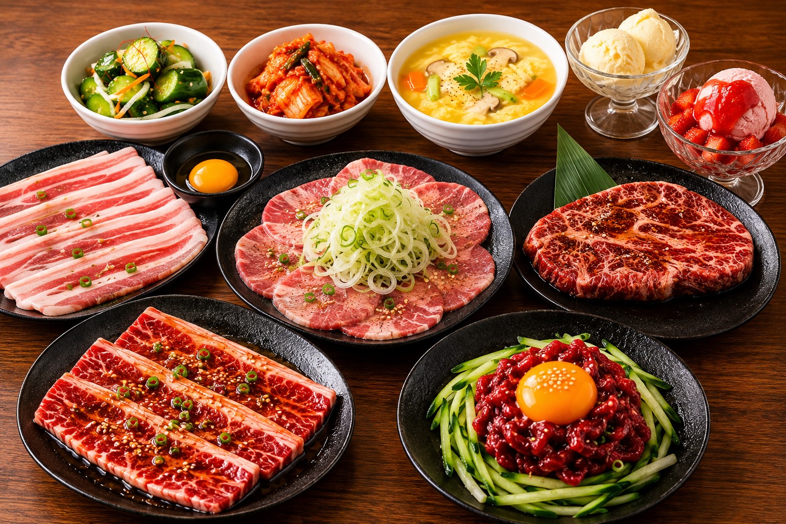 焼肉食べ放題 <br> 『5大名物』プラス <br>「ユッケ」「牛タン」<br>「王様ハラミ」<br>【プレミアムコース】　4,890円（税込5,379円）<br>＜100分間＞